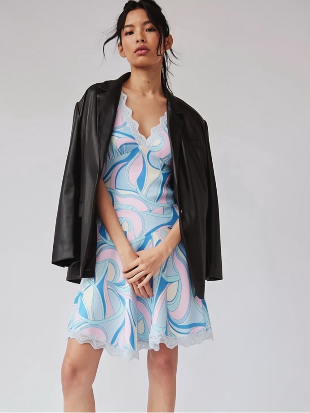 Avec Les Filles Asymmetric Mini Dress Lace Satin Paisley Sleeveless Y2K Pucci